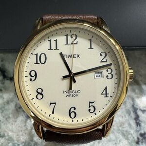 025 Timex Easy Reader Watch 38mm Indiglo Gold Tone Dial Date Brown Leather Band